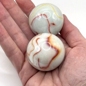 2 MAMMOTHS 1 5/8" COCKATOO White Red Marbles Glass Massive 40mm LARGE HUGE Swirl